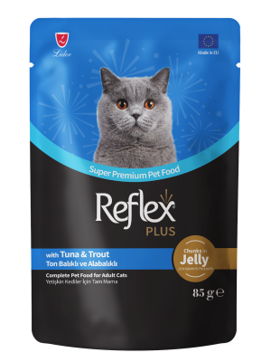 Reflex Plus Jöle İçinde Et Parçacıklı Ton Balıklı Ve Alabalıklı Yetişkin Kedi Maması 85g - 1