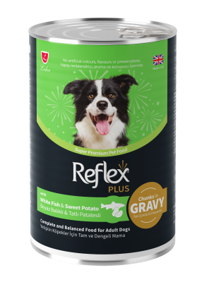 Reflex Plus Sos İçinde Et Parçacıklı Beyaz Balıklı ve Tatlı Patatesli Yetişkin Köpek Konservesi 400 Gr - 1
