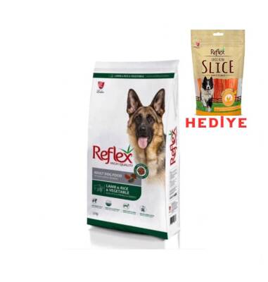 Reflex Kuzu Etli, Pirinçli ve Sebzeli Yetişkin Köpek Maması 3,KG Reflex Chicken Slice Tavuklu Eti Dilim Köpek Ödülü 80 gr Hediye - 1