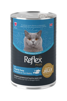 Reflex Plus Jöle İçinde Et Parçacıklı Alabalıklı ve Ton Balıklı Yetişkin Kedi Konservesi 400 Gr (12 Adet) - 1