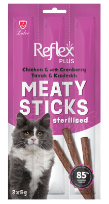 Reflex Plus Meaty Sticks Tavuk Ve Kızılcıklı Kısırlaştırılmış Tahılsız Kedi Ödül Çubukları 3x5 gr - 1